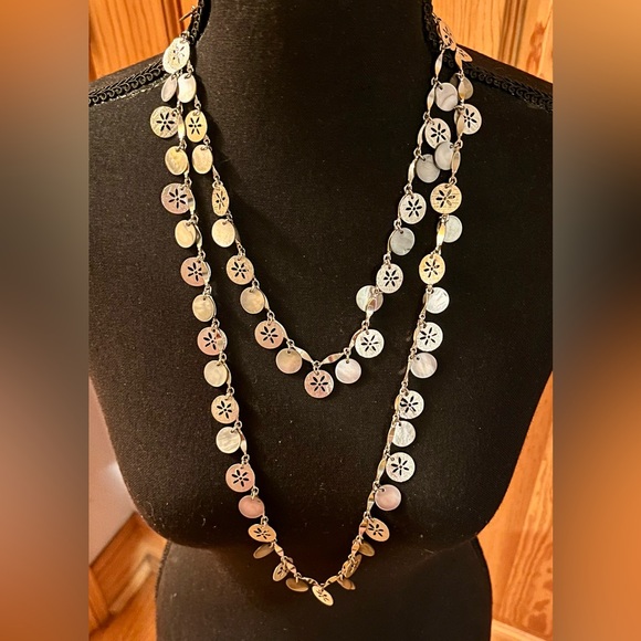 Elegant Silver Toned Sand Dollar and Abalone Like Shining Coin 52” Necklace Gift - Picture 5 of 14